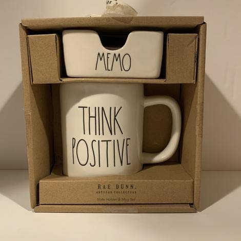 Rae Dunn MEMO Holder  THINK POSITIVE Mug Yellow interior - LL Lettering - ceramic - office - co workers - desk organizer - post it holder - gift