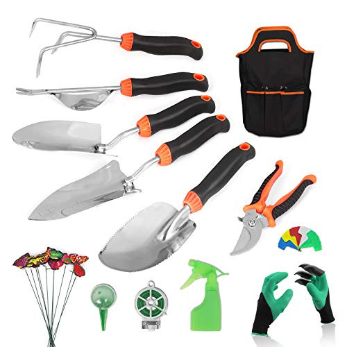 COMOWARE 50pcs Heavy Duty Garden Tools Set - Stainless Steel Gardening Tools Set with Non-Slip Rubber Grip  Storage Tote Bag  Outdoor Hand Tools  Garden Gift for Gardening Lover