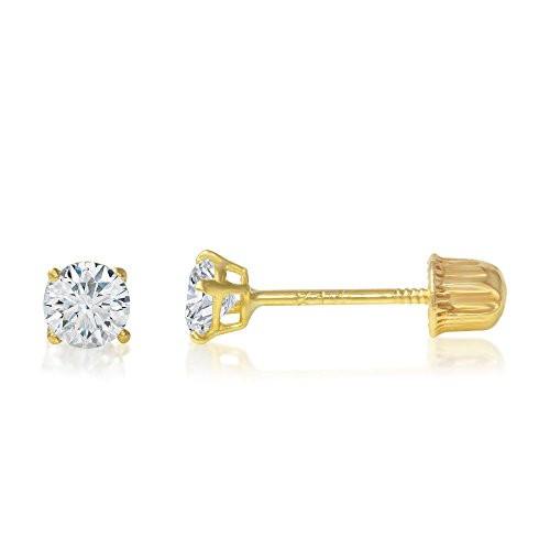 14K Yellow Gold Round Solitaire Cubic Zirconia CZ Stud Screw Back Earrings - 0-05ct 2mm