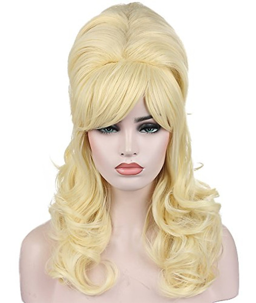 Kalyss Blonde Beehive Wig Womens Curly Wavy Long Heat Resistant Synthetic Hair Cosplay Costume Wigs Blonde