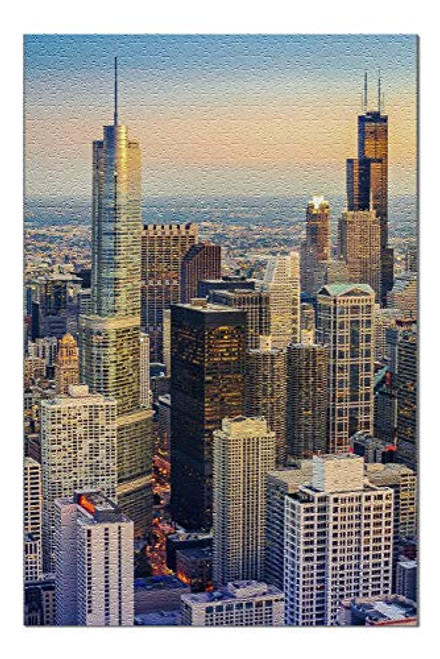 Chicago Skyline at Dusk Photography A-90333 Premium 1000 Piece Jigsaw Puzzle for Adults  19x27