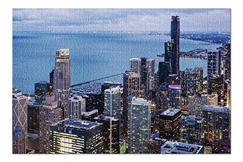 Chicago  Illinois - City Skyline Aerial Night View 9018579 Premium 1000 Piece Jigsaw Puzzle for Adults  19x27