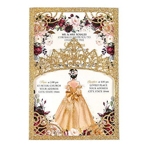 DreamBuilt 5x7-2 inch 25PCS Blank Gold Glitter Quinceanera Invitations Kit Laser Cut Hollow Crown Pocket Quinceanera Invitation Cards with Envelopes for Bridal Shower Quincenera Birthday Invite