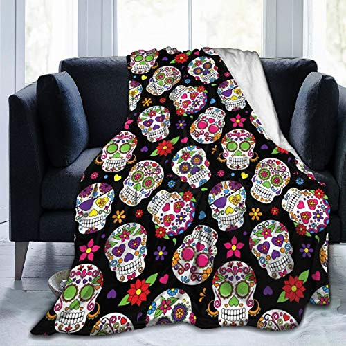 BLUBLU Day of The Dead Sugar Skull Flannel Fleece Bed Blanket Throw Blanket Lightweight Cozy Plush Blanket for Bedroom Living Rooms Sofa Couch 60 x50