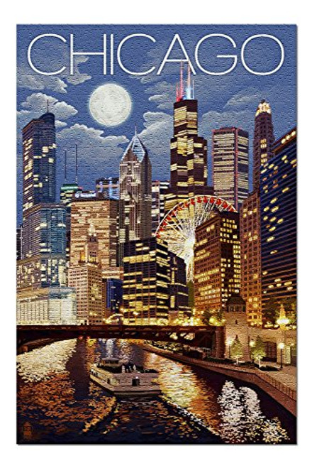 Chicago  Illinois - Skyline at Night 44877 19x27 Premium 1000 Piece Jigsaw Puzzle for Adults