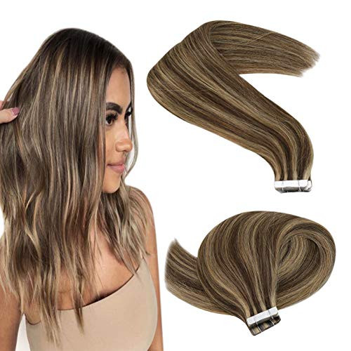 Tape in Human Hair Extensions Brown Highlighted with Caramel Blonde Real Seamless Tape in Extensions Remy Hair 16 Inch 20pcs 50g Tape in Human Hair Extensions Brown Highlighted with Caramel Blonde Real Seamless Tape in Extensions Remy Hair 16 Inch 20pcs 50g