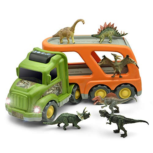 6-in-1 Dinosaur Truck Toys Set for 1 2 3 4 Years Old Toddlers Boys Friction Powered Car Carrier Trailer with Sound and Light Dinosaur Toys Gift for Boys  with 6 Dinosaurs