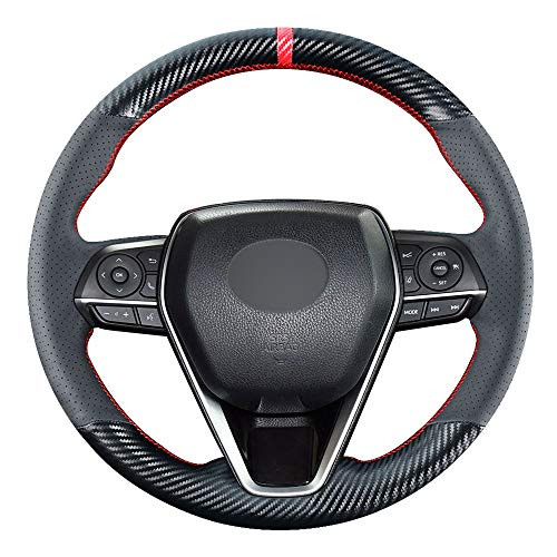 Carkooler DIY Stitching Carbon Fiber Steering Wheel Cover for Toyota RAV4 SUV Avalon 2019-2021 - for Toyota Camry 2018-2021 - for Corolla 2020 2021 15 inches Black Leather Interior Accessories