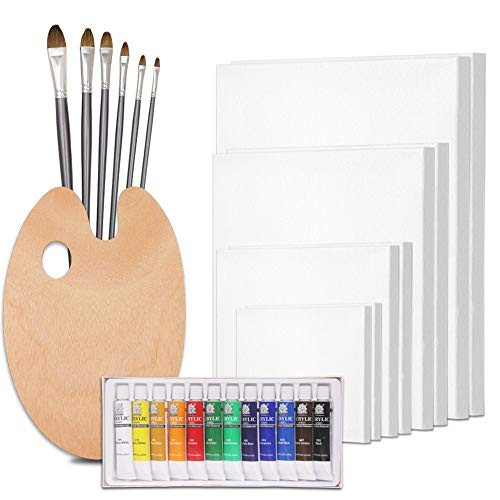 Acrylic Paint Set with Canvas  Includes 12 Colors Acrylic Paints  6 Paint Brushes and Wooden Palette  Canvas Paint Set for Adults Kids Teens and More