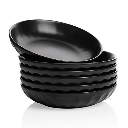 Teocera Porcelain Pasta Bowls  Salad Bowls Set  Wide and Shallow  Fluted Design  30 Ounce  Set of 6  Matte Black