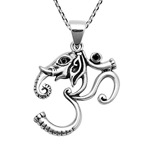 Ganesha Om or Aum Mantra Black Cubic Zirconia -925 Sterling Silver Pendant Necklace