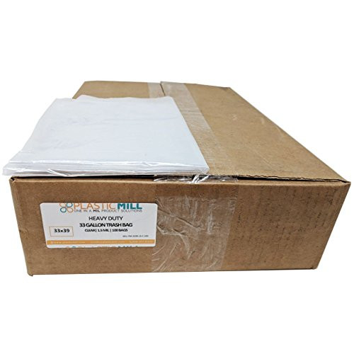 PlasticMill 33 Gallon, Clear, 1.5 MIL, 33x39, 100 Bags/Case, Garbage Bags/Trash Can Liners.