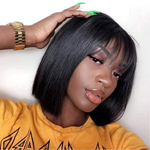 ITODAY Short Bob Wigs with Bangs Human Hair Brazilian Straight None Lace Front Wigs for Black Women Full Machine Made Wigs 150  Density Natural Color 10  bang bob