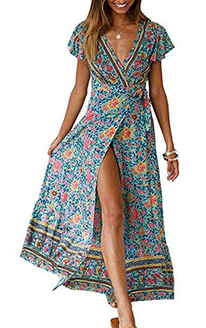 ZESICA Women s Bohemian Floral Printed Wrap V Neck Short Sleeve Split Beach Party Maxi Dress Green ZESICA Women s Bohemian Floral Printed Wrap V Neck Short Sleeve Split Beach Party Maxi Dress Green