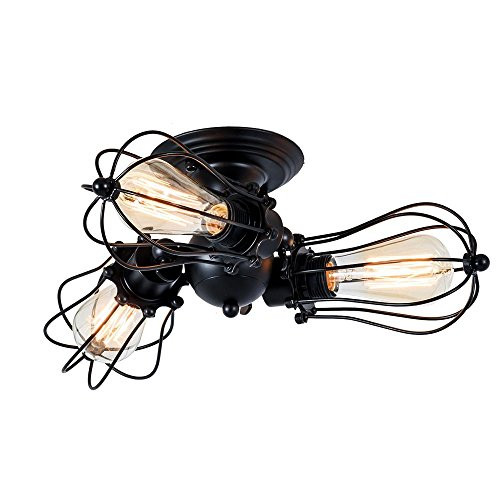 Industrial Light Fixture  Csinos Vintage Light Fixture Rotatable Semi-Flush Mount Ceiling Light Black Wire Cage Ceiling Light Fixture 3 Lights