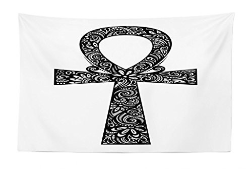 Lunarable Ankh Tapestry, Ancient Egyptian Icon with Ethnic Floral Swirls Leaves Oriental Arabesque Pattern, Fabric Wall Hanging Decor for Bedroom Living Room Dorm, 45 W X 30 L inches, Black and White