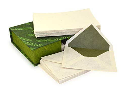 Kathmandu Valley Co- Vintage Stationery Gift Box Set with 50 Handmade A5 Deckle-edge Lokta Paper Sheets and 30 Envelopes Fern Leaf