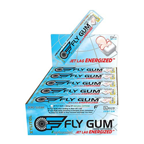 Fly Gum Jet Lag Energized - Liquid Core Xylitol Caffeine Gum 75 Pieces Pack of 15 Sugar-Free Aspartame-Free Caffeinated Gum Refreshmint Fly Gum Jet Lag Energized - Liquid Core Xylitol Caffeine Gum 75 Pieces Pack of 15 Sugar-Free Aspartame-Free Caffeinated Gum Refreshmint