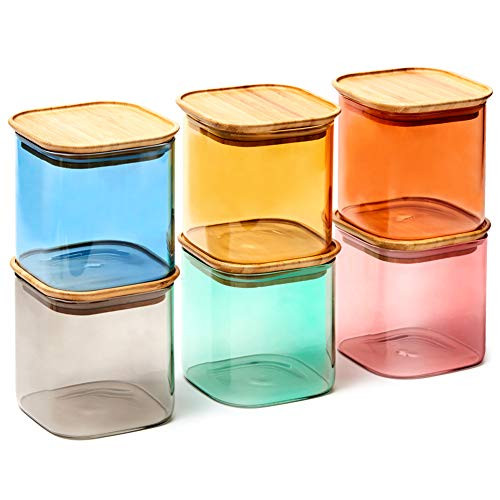 EZOWare 6 Piece Colorful Stackable Glass Jar Set  Square Air Tight Kitchen Food Storage Canister with Lid for Candy  Cookie  Rice  Sugar  Flour  Pasta  Nuts - 24oz