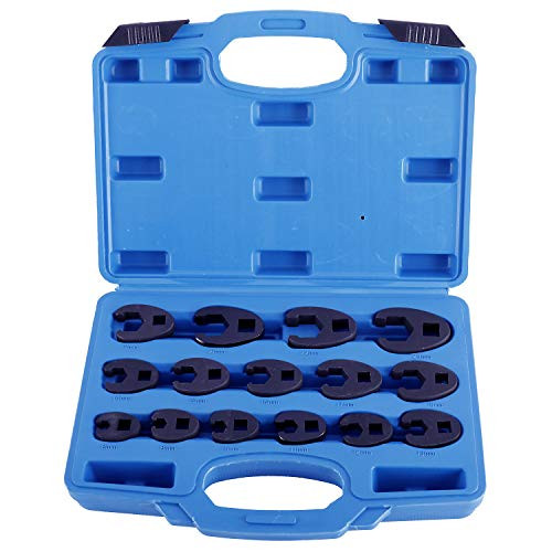 KUNTEC 15 Piece Crowfoot Flare Nut Wrench Set Metric Tool Kit for 3-8inch and 1-2inch Drive Ratchet 8mm to 24mm
