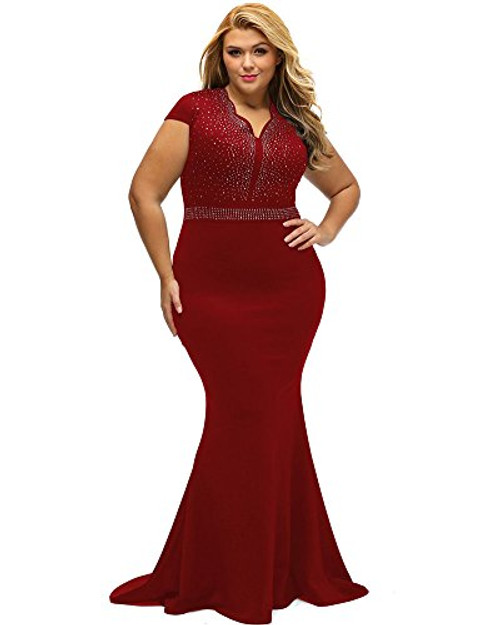 LALAGEN Women s Short Sleeve Rhinestone Plus Size Long Cocktail Evening Dress Red XXXL