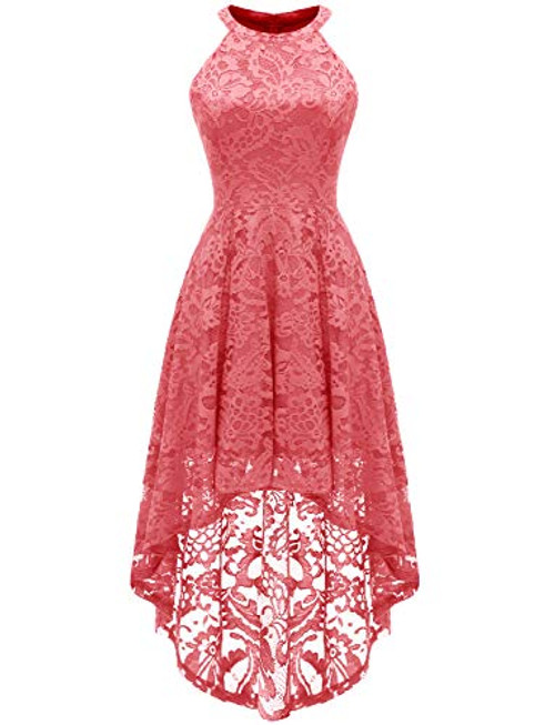 Dressystar 0028 Halter Floral Lace Cocktail Party Dress Hi-Lo Bridesmaid Dress Coral XXXL