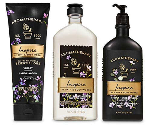 Bath and Body Works Aromatherapy INSPIRE - VIOLET SANDALWOOD EUCALYPTUS - Trio Gift Set - Body Lotion 6-5 oz  Shower Gel Foam Bath 10 oz and Body Cream 8 oz
