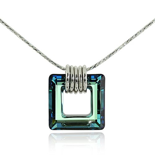 Stera Jewelry 925 Sterling Silver Necklace Made with Bermuda Blue Swarovski Crystal Square Pendant Stera Jewelry 925 Sterling Silver Necklace Made with Bermuda Blue Swarovski Crystal Square Pendant