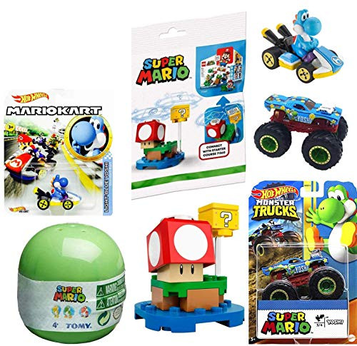 Hot Wheels All Yoshi Time! Mariokart Racer Bundled with Super Mario Wind up Dinosaur Figure Blue Standard Cart Monster Truck Buildable Mushroom 4 Items Hot Wheels All Yoshi Time! Mariokart Racer Bundled with Super Mario Wind up Dinosaur Figure Blue Standard Cart Monster Truck Buildable Mushroom 4 Items
