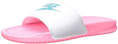 Nike Women s Benassi Just Do It Slide Sandal  Sunset Pulse-Teal Nebula-White  8 Regular US