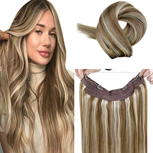 LaaVoo 12  Halo Flish Human Hair Extensions Piano Light Brown to Light Blonde Invisible Wire Highlight Straight Halo Hair Extensions 80g 10-5  Width  P8-24