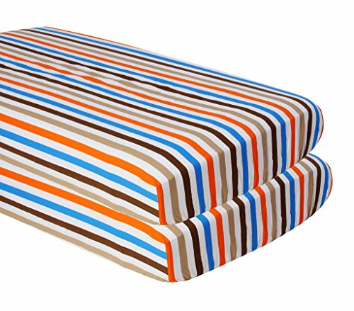 Bacati Crib Fitted Sheets, Mod Stripes Blue/Orange/Chocolate (Pack of 2)