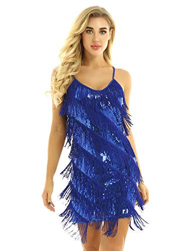 CHICTRY Women s Spaghetti Straps Tassels Sequin Fringe Flapper Dress Party Dancewear Night Mini Dress Blue One Size