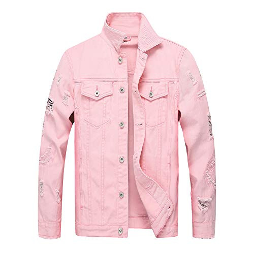 LZLER Jean Jacket for Men  Classic Ripped Slim Denim Jacket with HolesPink 2023  L