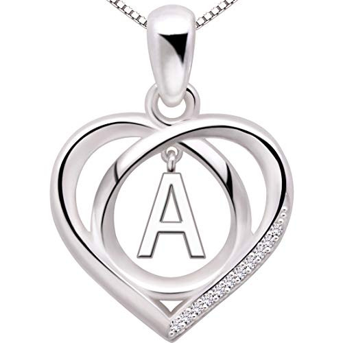 ALOV Jewelry Sterling Silver Initial Letter Alphabet Love Heart Cubic Zirconia Pendant Necklace A