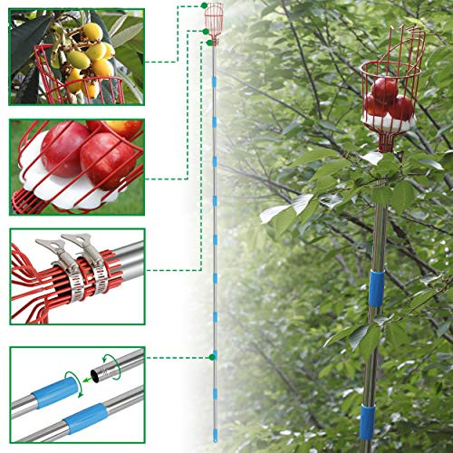 RAUVOLFIA 13-Foot Fruit Picker  Detachable Staineless Steel Poles  Easy to Attach Twist-On Basket  Fruit Picking Equipment for Getting Fruits