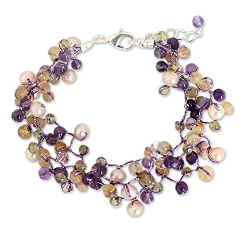 NOVICA Multi-Gem Amethyst Cultured Freshwater Pearl Silver Plated Beaded Bracelet Mystic Passion NOVICA Multi-Gem Amethyst Cultured Freshwater Pearl Silver Plated Beaded Bracelet Mystic Passion
