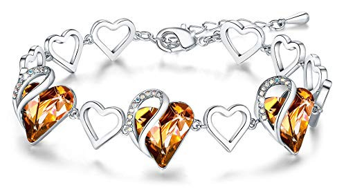Leafael Infinity Love Heart Link Bracelet with Amber Brown Birthstone Crystal for November  Women s Gifts  Silver-Tone  7  with 2  Extender