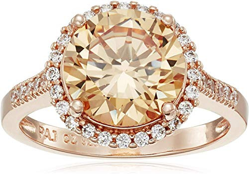 14K Rose Gold Plated -925 Sterling Silver Champagne   Clear Cubic Zirconia Halo Engagement Ring  Size 7