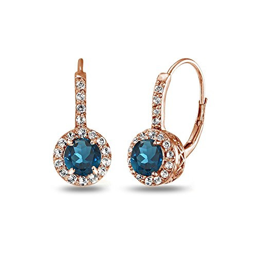 Rose Gold Flashed Sterling Silver London Blue Topaz White Topaz Round Dainty Halo Leverback Earrings Rose Gold Flashed Sterling Silver London Blue Topaz White Topaz Round Dainty Halo Leverback Earrings