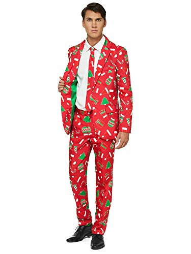 OFFSTREAM Ugly Christmas Suits for Men  Red Icons  Xmas Sweater Costumes Include Jacket Pants   Tie  M