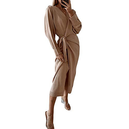 Exlura Womens Knit Sweater Dress Casual Solid Long Sleeve Wrap Maxi Dresses with Belt Camel