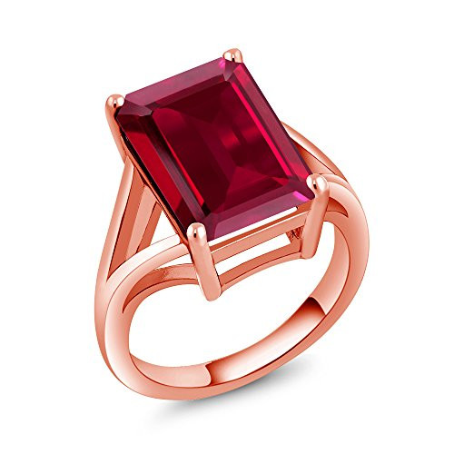 Gem Stone King 8-00 Ct Emerald Cut Red Created Ruby 18K Rose Gold Plated Silver Solitaire Ring Size 6