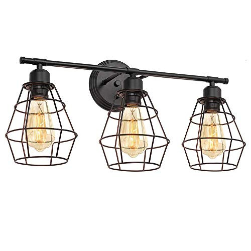 HAITRAL 3-Light Industrial Bathroom Light Fixture- Bathroom Vanity Light Fixture with Black Metal Cage  Farmhouse Vanity Wall Sconce for Bathroom  Mirror Cabinets  Vanity Table  Dressing Table - Black