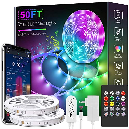 50ft-15M Led Strip Lights Music Sync Color Changing RGB LED Strip Lights Built-in Mic  Bluetooth app Controlled LED Lights Rope Lights  5050 RGB LED Light StripAPPRemoteMic3 Button