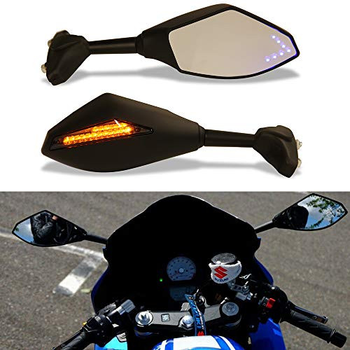 Motorcycle Rearview Mirrors With LED Turn Signal For Honda Kawasaki Suzuki Matte BlackSmoke Len Blue Arrow Light