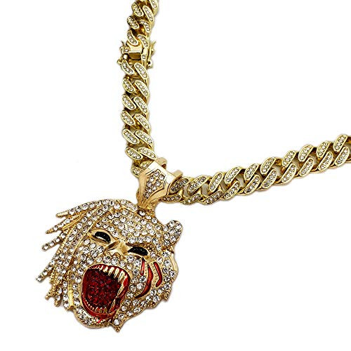 BLINGFACTORY Hip HOP ICED Gold Plated Half Man Half Beast Pendant   18  Box Lock Cuban Chain Necklace