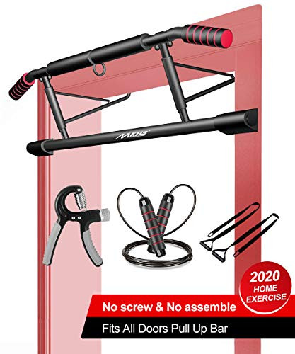 MKHS pull up bar for doorway 5-in-1 kit with Ergonomic Angled Grip  jump rope  hand grip  2 suspension straps - Home Gym Exercise Equipment   chin-up bar no screw installation  fit to almost all doors