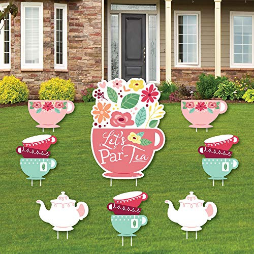 Big Dot of Happiness Floral Lets Par-Tea - Yard Sign and Outdoor Lawn Decorations - Garden Tea Party Yard Signs - Set of 8