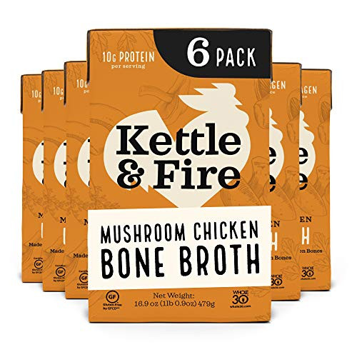 Mushroom Chicken Bone Broth by Kettle and Fire  Pack of 6  Keto Diet  Paleo Friendly  Whole 30 Approved  Gluten Free  with Collagen  10g of protein  16-2 fl oz